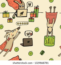 Seamless pattern. Shopping for superhero dogs through the online store. Online shopping, products, sales, discounts. Hand drawing for your design. For your backgrounds, websites, banners, postcard
