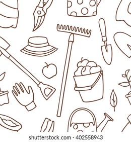 Seamless pattern  with shovel, apples, bucket, hoe, rake, tree, hat, gloves, watering can, pruner, potted plant, bag.
