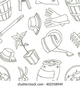 Seamless pattern  with shovel, apples, bucket, hoe, rake, tree, hat, gloves, watering can, pruner, potted plant, bag.
