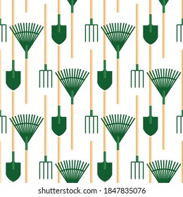 Nahtloses Muster mit Schaufel, Gabel und Besen auf weißem Hintergrund. Gartenwerkzeug im flachen Stil. Cartoon Objekte der Arbeit.
Stock-Vektorgrafik für Design, Dekoration, Stoff.