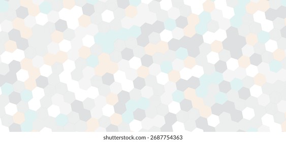 A seamless pattern showcases a blend of light grey, white, beige, and pale blue hexagons, creating a modern, geometric mosaic with a subtle and calming aesthetic
