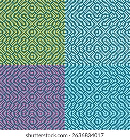 seamless pattern showcases concentric circles and wavy lines, divided into four vibrant quadrants with distinct colors—yellow-green, light blue, purple, and teal