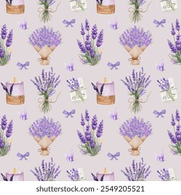 seamless pattern showcases delicate watercolor lavender flowers in soft purples and greens. ideal for home textiles, stationery, and more. Flower patern, illustration, hand-painted,template background