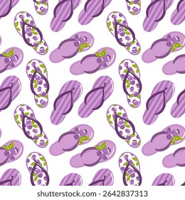 seamless pattern showcases vibrant flip-flops adorned with blueberries, blending fun summer vibes with a touch of nature. Perfect for beachwear, summer accessories, and playful designs, it exudes
