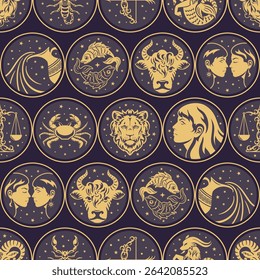 seamless pattern showcases zodiac signs in an elegant golden design against a dark background. Perfect for astrology-themed projects, this luxurious illustration adds a touch of mystique