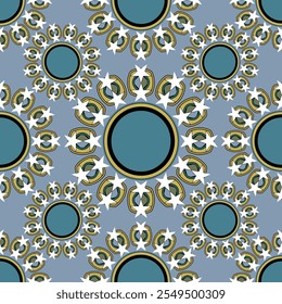 Seamless pattern showcasing blue circles surrounded by white stars and gold accents, ideal for sophisticated backgrounds and textile designs. Vector illustration for fabric, textile, pillow print