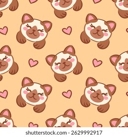 padrão sem costura mostrando charmosos kawaii kitten faces em um fundo bege suave, acentuado com corações bonitos. Este design encantador acrescenta um toque divertido, para produtos infantis ou decoração alegre.