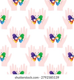 Seamless pattern showcasing cupped hands gently holding a vibrant, abstract infinity symbol butterfly, representing neurodiversity, autism, ADHD, support, and inclusion. Ideal for advocacy or educational design.