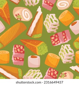 Seamless Pattern Showcasing A Delightful Array Of Eastern Sweets, Combining Rich Colors And Intricate Designs To Evoke The Allure Of Traditional Confections. Cartoon Vector Illustration