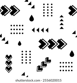 Seamless pattern showcasing dynamic arrows, triangles, and dotted squares creating a visually engaging design with a bold black and white contrast