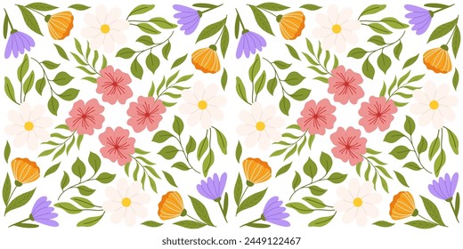 Seamless pattern showcasing floral elements. Botanical-inspired recurring design with lilac, orange, and white flowers, pink cherry blossom, various leaves.