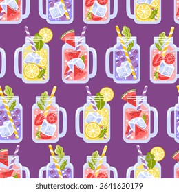 A Seamless pattern showcasing four colorful jars filled with refreshing drinks. Each jar is topped with a delightful mix of fruits and garnishes, ideal for summer refreshment.