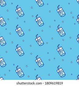 Seamless pattern showcasing a glass of water with an ice cube against a vibrant blue background. Perfect for refreshing drink concepts, summer-themed designs, or hydration-related visual