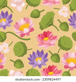 Seamless Pattern Showcasing The Graceful Elegance Of Water Lily And Lotus Flowers, Creating A Harmonious And Serene Design That Exudes Tranquility And Natural Beauty. Cartoon Vector Illustration