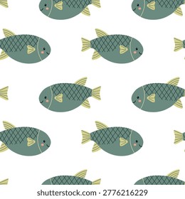 Seamless pattern showcasing green tropical fish with yellow fins on a solid white background. The fish feature a dark green diamond scale texture and small pink cheek accents. Arranged in a staggered offset repeat, the composition is designed for textile and wallpaper applications.