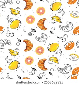 Seamless pattern showcasing hand-drawn croissants, lemons, cherries, and donuts in a whimsical style. Ideal for food-themed projects, packaging, wallpapers, and culinary-inspired designs.