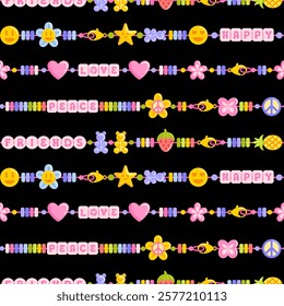 seamless pattern showcasing handmade jewelry, including friendship bracelets and letter beads. It incorporates hippie, emoji, gummy bear, and Y2K styles, perfect for wallpaper, textiles, wrapping