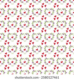 A seamless pattern showcasing heart shapes intertwined with green laurel-like wreaths and small flowers,. Perfect for decorating romantic, nature-themed, or cheerful designs.