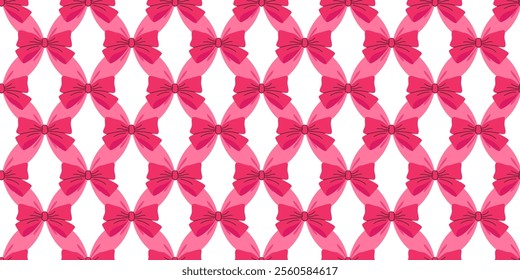 Seamless pattern showcasing interlocking pink ribbons with bows on a white background. Ideal for gift wrapping, romantic themes, Valentine's Day projects, wedding invitations, and festive designs.