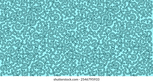 A seamless pattern showcasing intricate dark teal squiggles and dots on a soft aqua background. The design blends organic shapes with a modern minimalist style, ideal for branding, book covers etc.