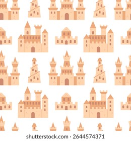 A seamless pattern showcasing playful sandcastles, perfect for evoking the joy of beach days. This vibrant design features whimsical shapes and sunny colors, ideal for summer-themed projects