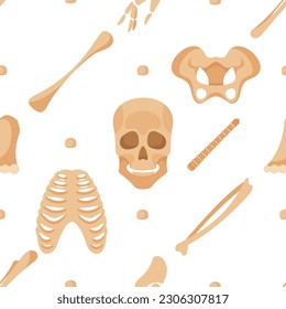 Seamless Pattern Showcasing Skeletal Parts Skull, Rib Cage, Bones and Hips In A Stylish And Detailed Design Illustration