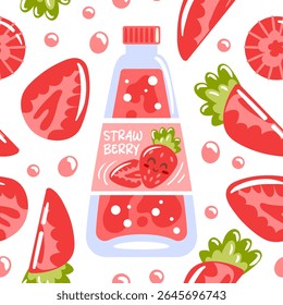 A seamless pattern showcasing strawberry soda in glass bottles, adorned with vibrant strawberry pieces. This lively design captures the essence of summer, bringing a refreshing and playful atmosphere