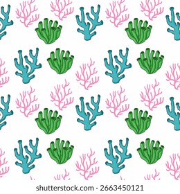 Un patrón sin fisuras que muestra una variedad de ilustraciones de coral, perfecto para diseños con temática submarina, telas, Fondos de pantalla y proyectos digitales