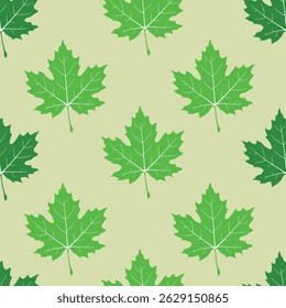 Seamless pattern showcasing vibrant green maple leaves with detailed white veins on a soft light olive background. This natural and fresh design is perfect for eco-themed projects, seasonal decoration