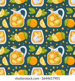 Seamless pattern showcasing vibrant orange lemonade with orange slices in a pitcher and glass. Perfect for cocktails and smoothies, this design captures a refreshing, nostalgic summer vibe.