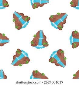 Seamless pattern showcasing a waterfall cascading down a rocky mountain surrounded by lush green trees, ideal for nature themed projects