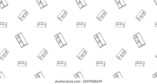 Seamless pattern with shower cabin with running water side view hand drawn doodle outline vector