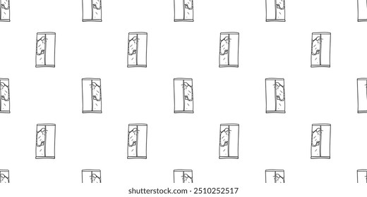 Seamless pattern with shower cabin with running water side view hand drawn doodle outline vector