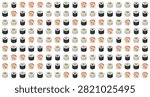 seamless pattern showing assorted sushi rolls featuring ingredients like rice seaweed salmon avocado and cucumber in a repeated grid arrangement