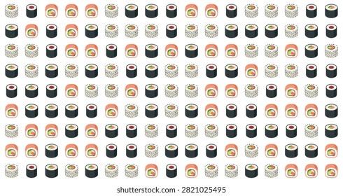 seamless pattern showing assorted sushi rolls featuring ingredients like rice seaweed salmon avocado and cucumber in a repeated grid arrangement