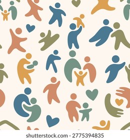 A seamless pattern showing colorful abstract silhouettes of families parents children and hearts celebrating love and togetherness