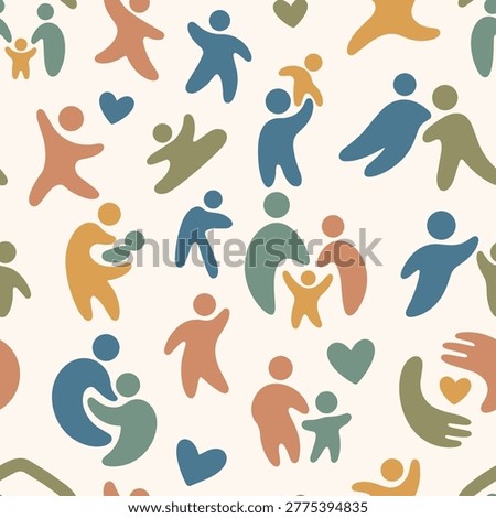 A seamless pattern showing colorful abstract silhouettes of families parents children and hearts celebrating love and togetherness