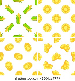 Seamless pattern showing corn cobs, slices and kernels on white background