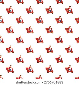 Seamless pattern showing delivery couriers on red scooters