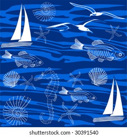 Seamless pattern showing ocean life, vector illustration