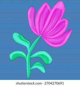 Seamless Pattern Showing Pink-Green Flower Leaves Design Against Blue Background Textured With Horizontal Lines. Can be Used For Wall Hanging, Carpet, Cushion, Card, Cover, Decoration, Fabric Etc.