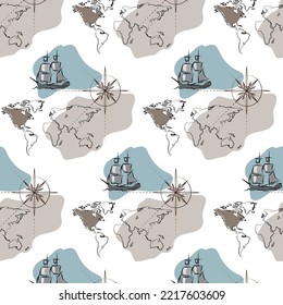 Seamless pattern showing world map and the travelling old ship. Travelling concept