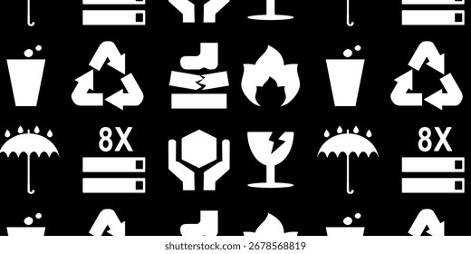 O padrão contínuo mostra ícones frágeis de embalagem com fundo preto para segurança do produto