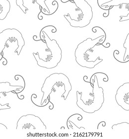 Seamless Pattern With Shrimp. Black Outline. Vector Illustration White Background.