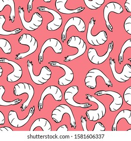 Seamless pattern. Shrimp black-white drawing on a pink background. Vector. Suitable for design elements with a kitchen theme
