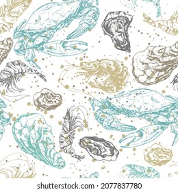 seamless pattern, shrimp, crabs, seashells, blue, brown, white