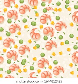 Seamless pattern of shrimp with green pea and corn seafood flat vector illustration on beige background