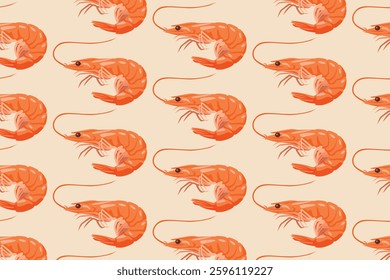  A seamless pattern of shrimp illustrated in an artistic style on a beige background, giving it a vintage and classic feel. Suitable for restaurant decor or textile design.