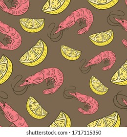 seamless pattern shrimp and lemon slice flat illustration