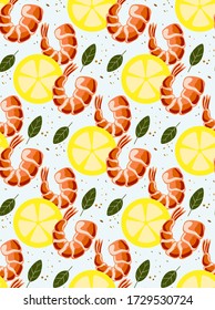 Patrón sin inconvenientes con las lonchas de camarón y limón. Gráficos planos vectores. Diseño del menú de pescado. Productos frescos de granja.  Comida marina.